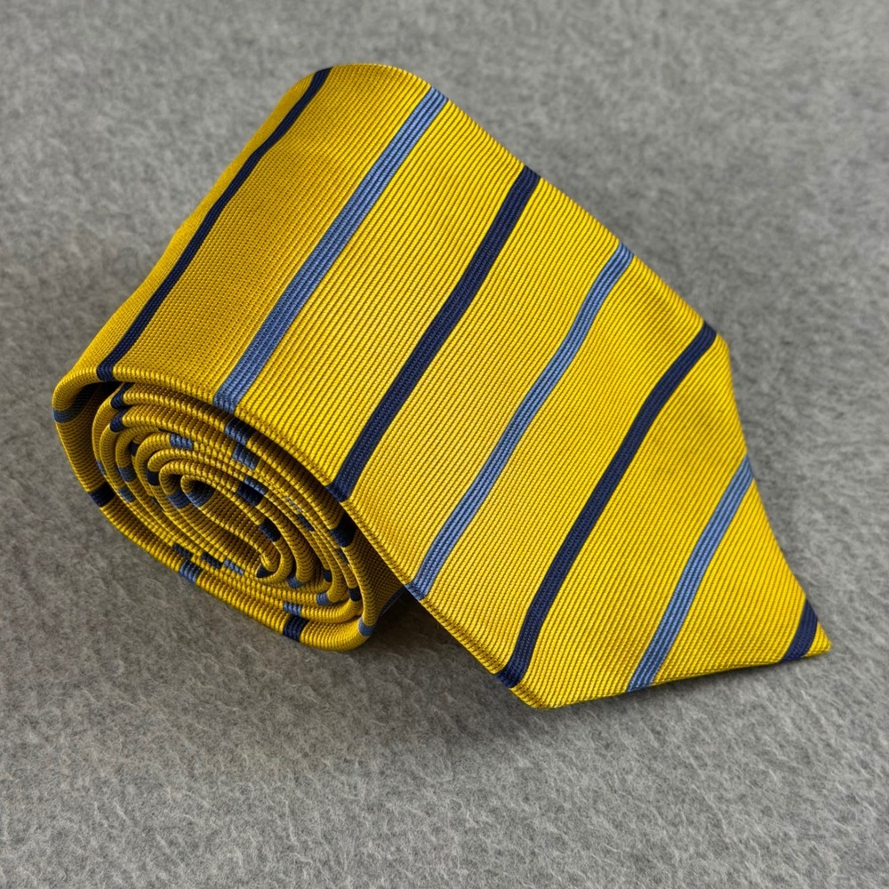 Vintage Brooks Brothers Makers Silk Tie Yellow Navy Striped Repp USA 56x3.75"